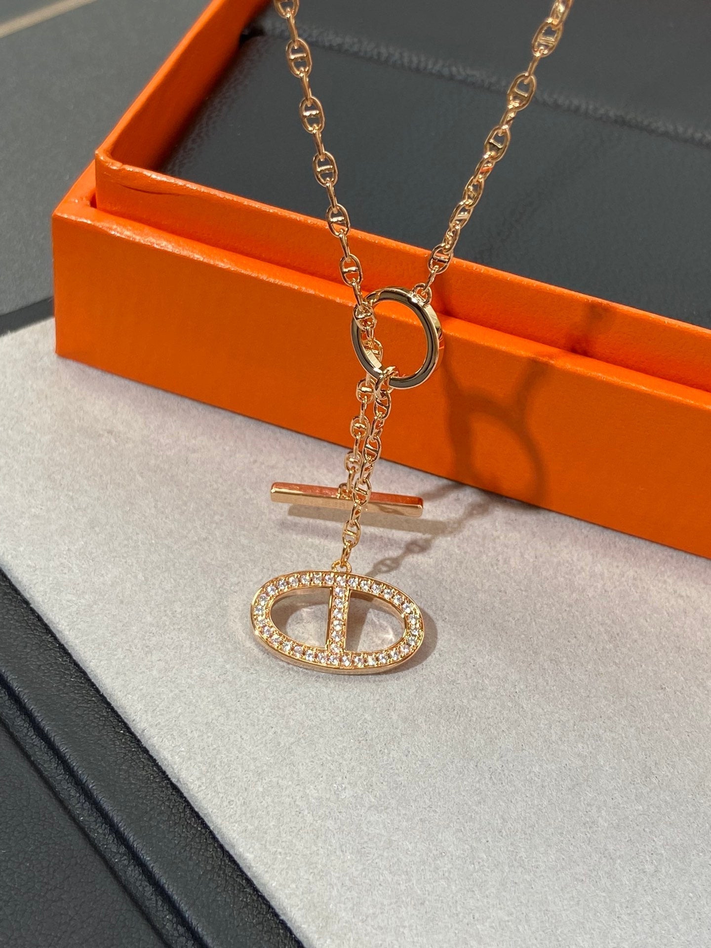 Hermes Chaine Small Full Diamond Pig Nose Pink Gold Necklace