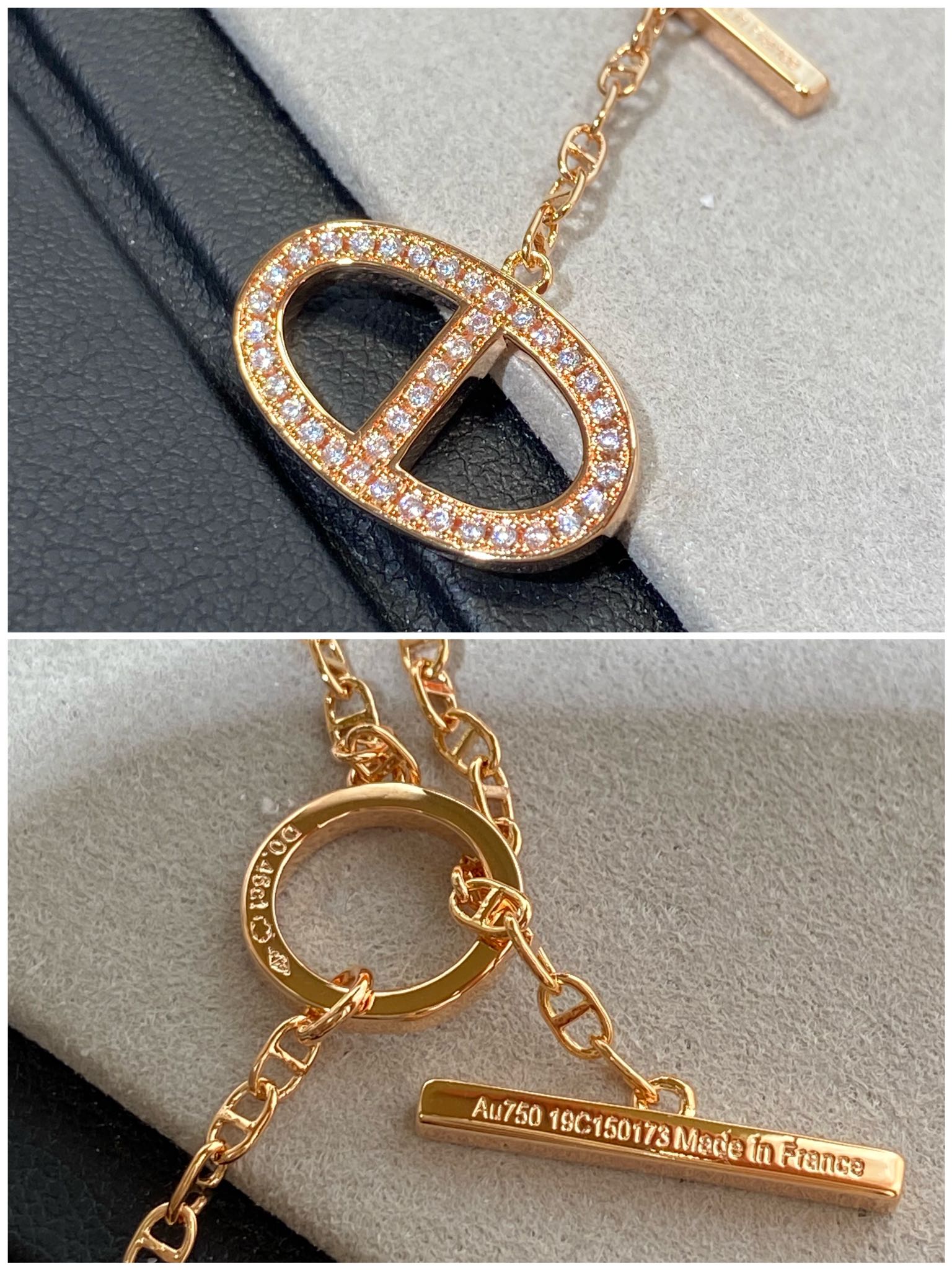 Hermes Chaine Small Full Diamond Pig Nose Pink Gold Necklace