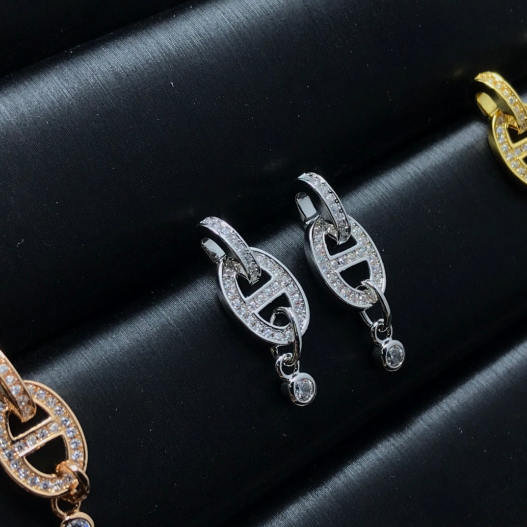 Hermes HM Pig Nose Full of Diamond Earrings