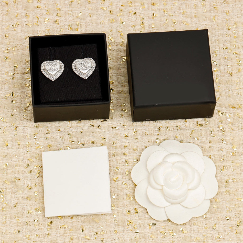 Chanel Heart Diamonds Around Stud Silver Earrings