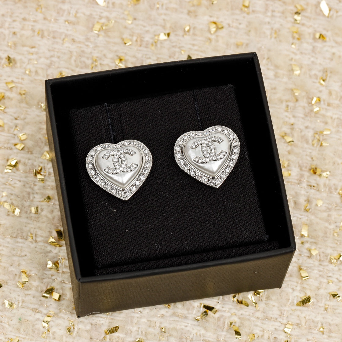 Chanel Heart Diamonds Around Stud Silver Earrings