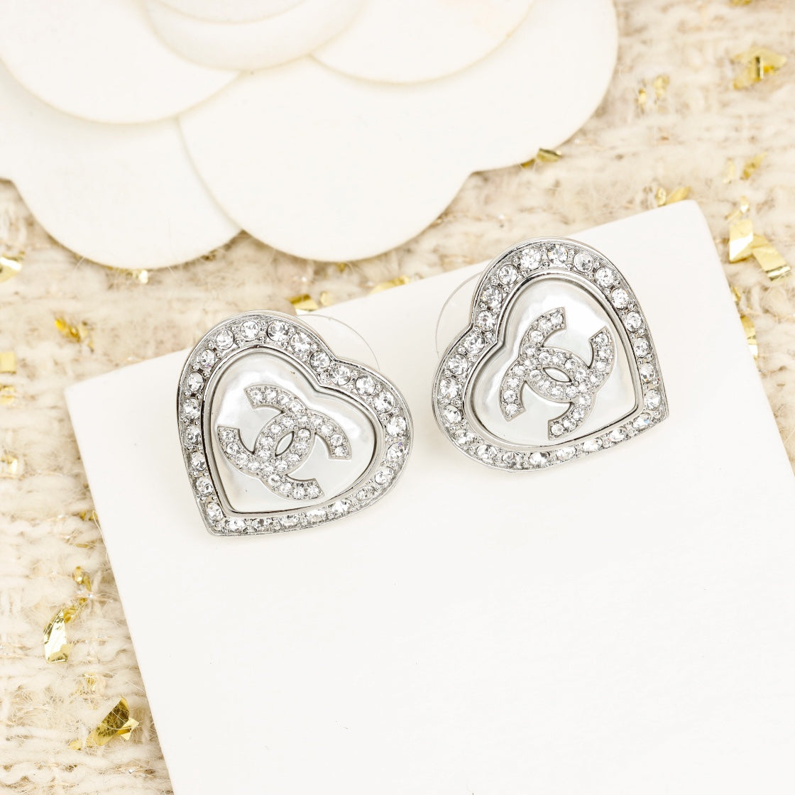 Chanel Heart Diamonds Around Stud Silver Earrings