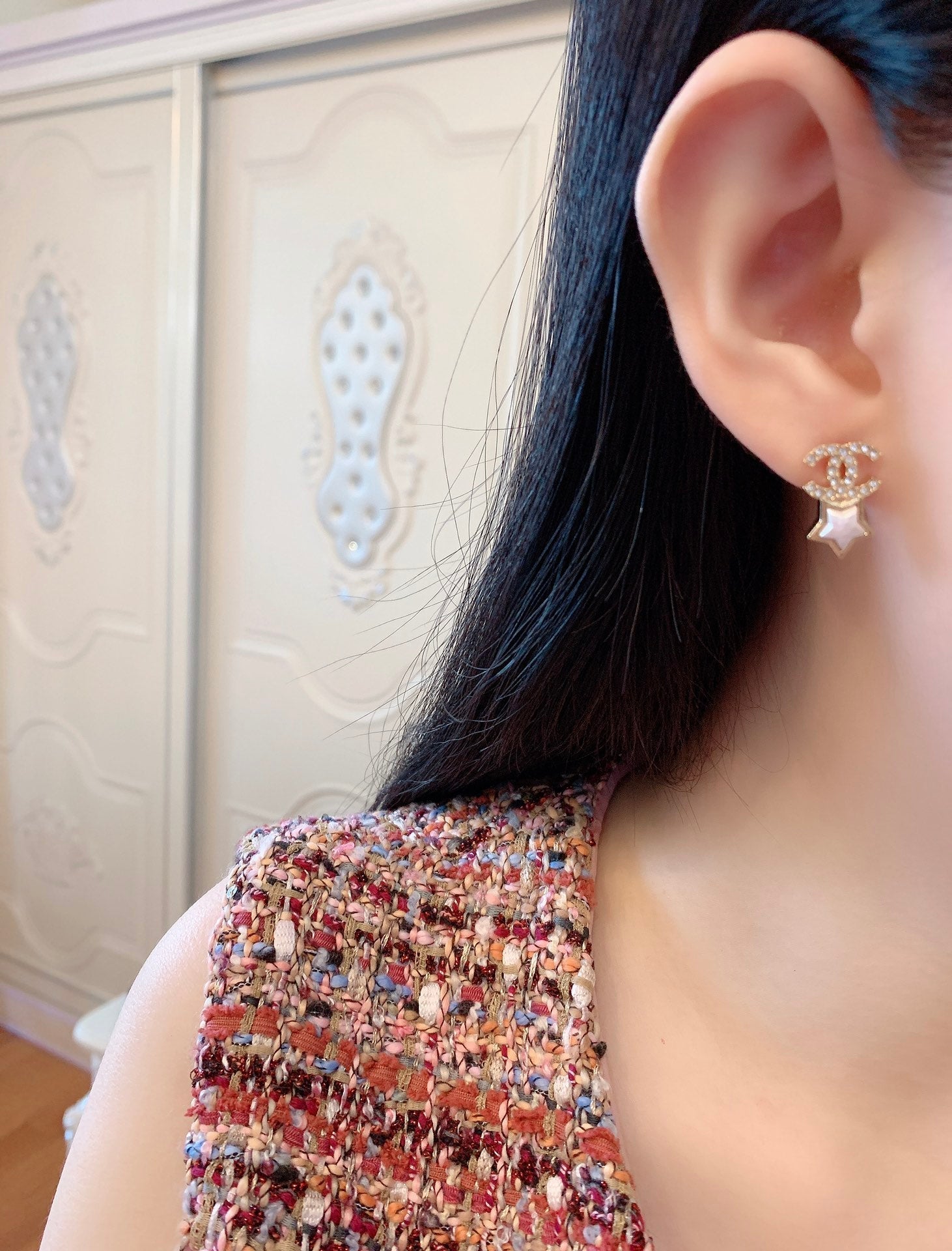 Chanel Double C Star MOP Diamonds Gold Earrings