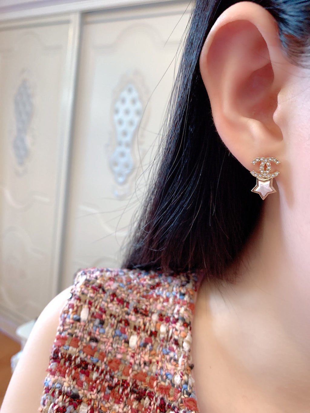 Chanel Double C Star MOP Diamonds Gold Earrings