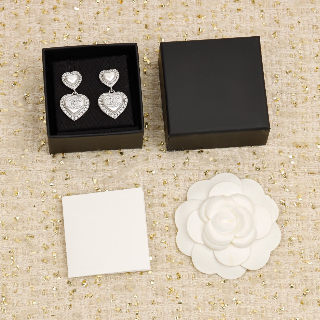 Chanel Double Heart Diamonds Silver Earrings