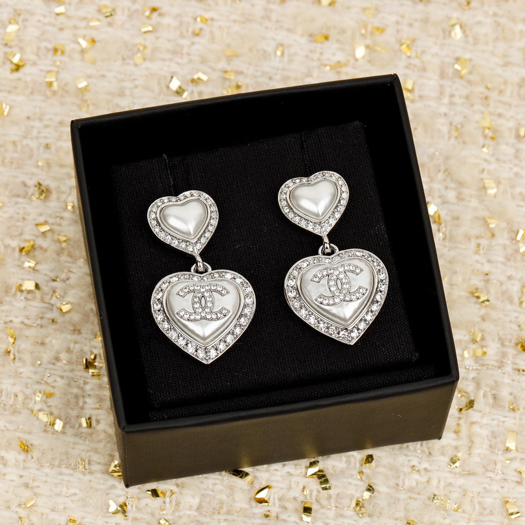 Chanel Double Heart Diamonds Silver Earrings