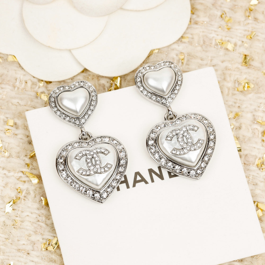 Chanel Double Heart Diamonds Silver Earrings