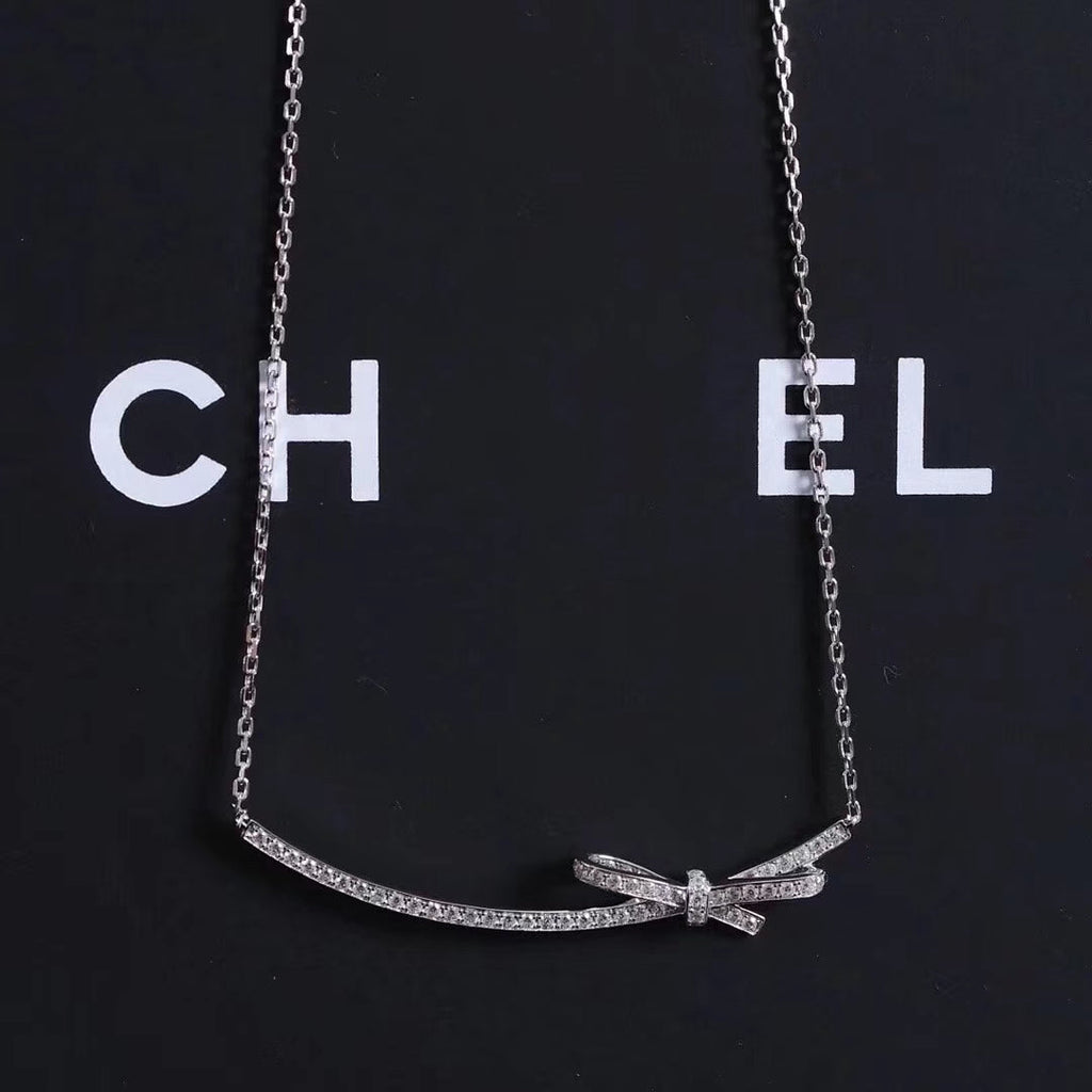 Chanel Ruban Bow Silver Cubic Zirconia Necklace