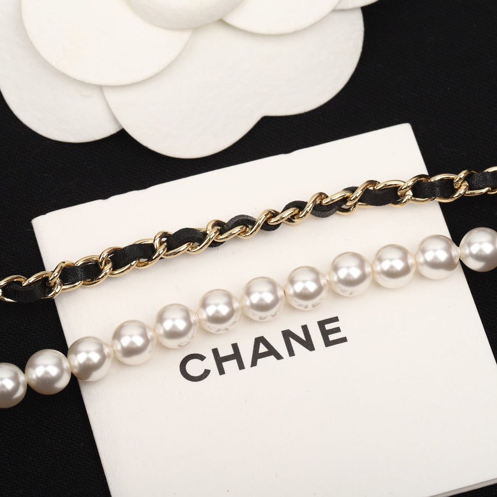Chanel Pearls and Leather Straps Gold Necklace Type 1