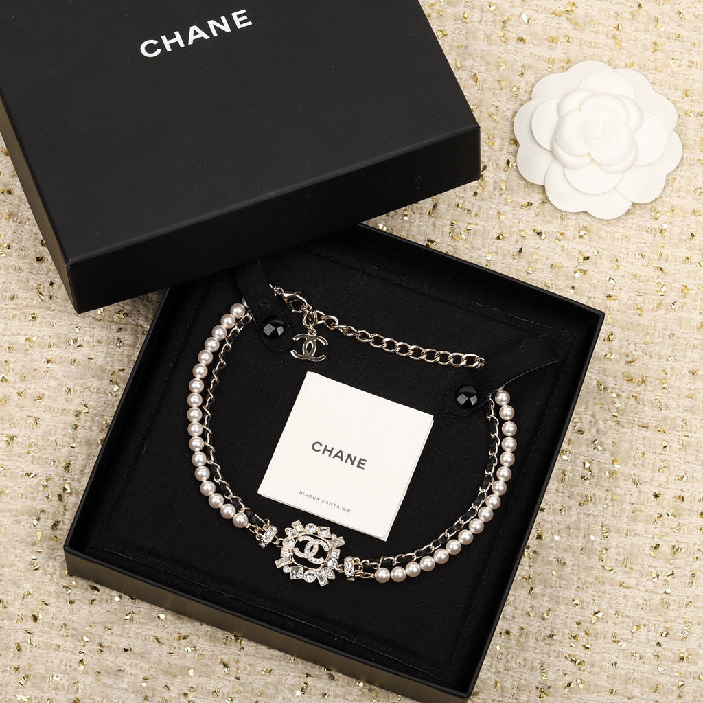 Chanel Pearls and Leather Straps Gold Necklace Type 2