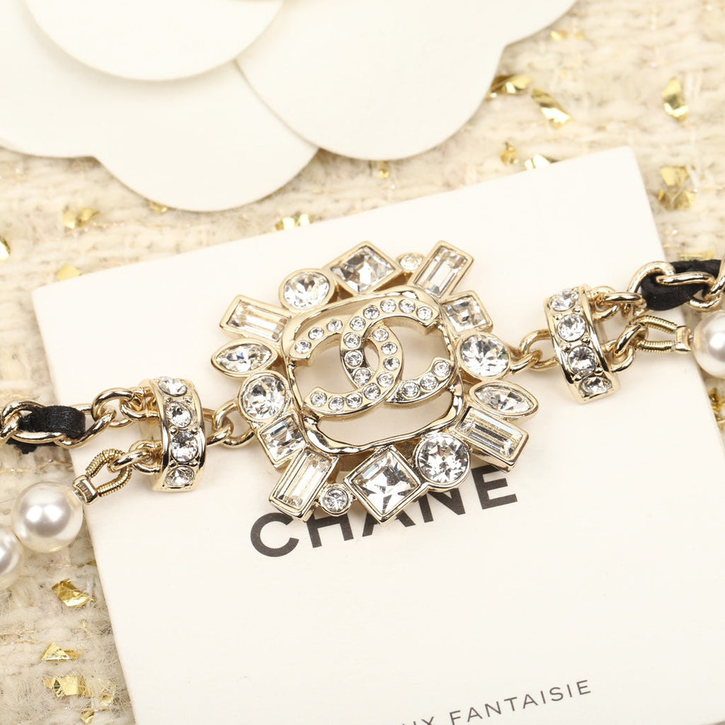 Chanel Pearls and Leather Straps Gold Necklace Type 2