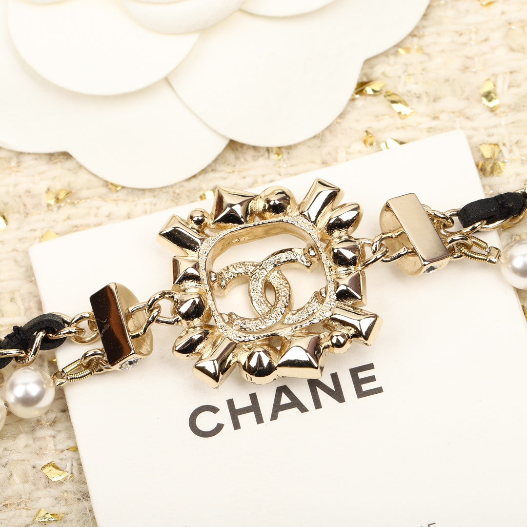 Chanel Pearls and Leather Straps Gold Necklace Type 2