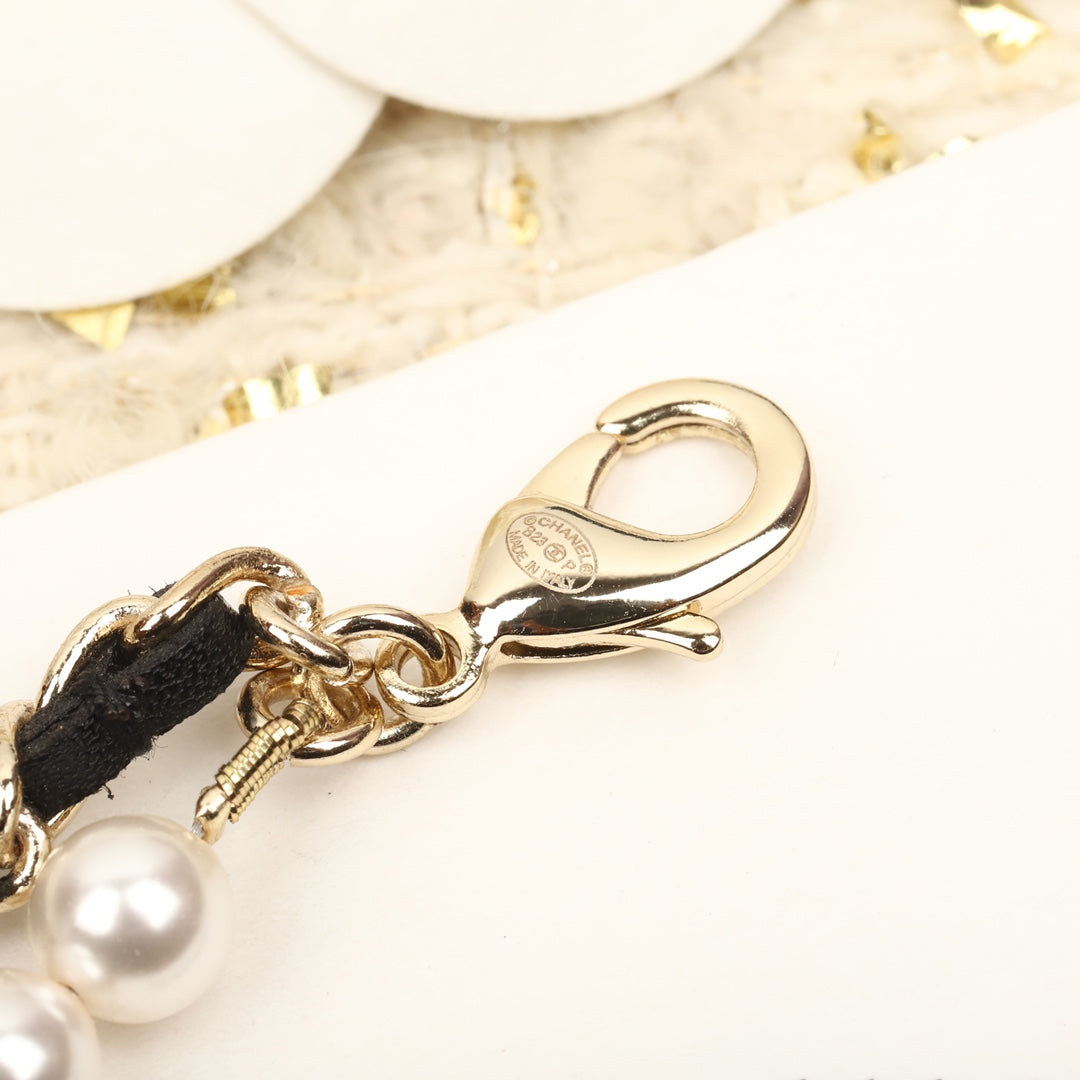 Chanel Pearls and Leather Straps Gold Necklace Type 2